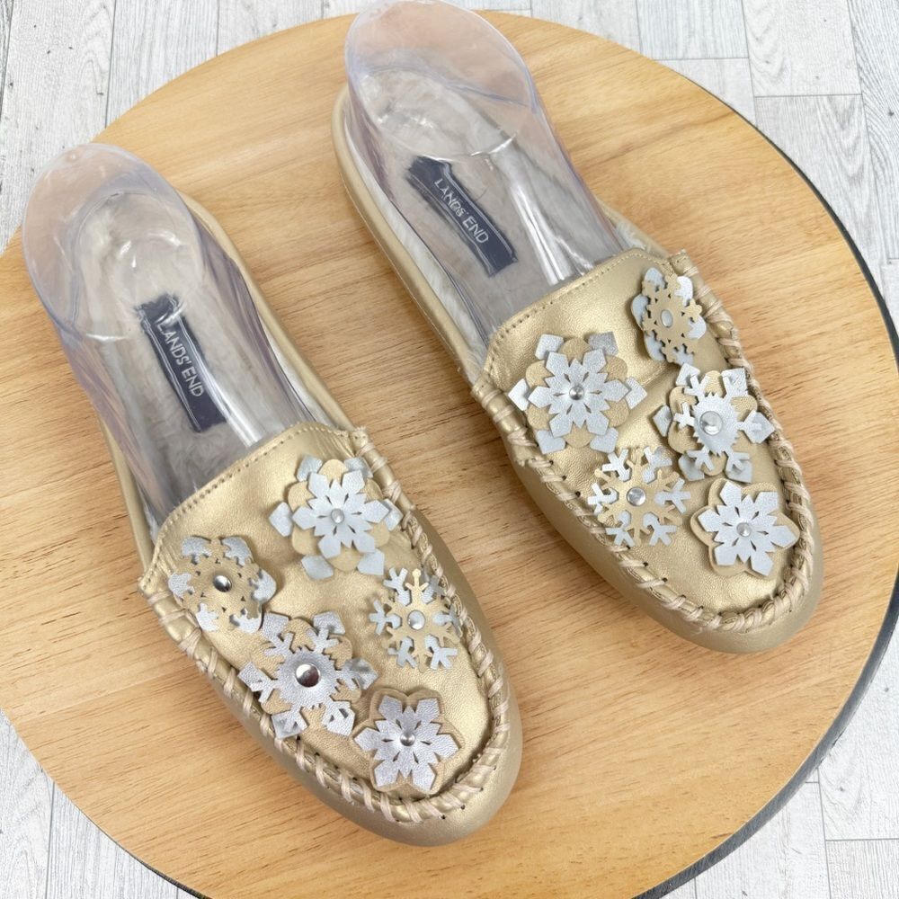 Lands'‎ End Snowflake Fur Lined Moccasin Slipper Loafer Metallic Gold Size 8